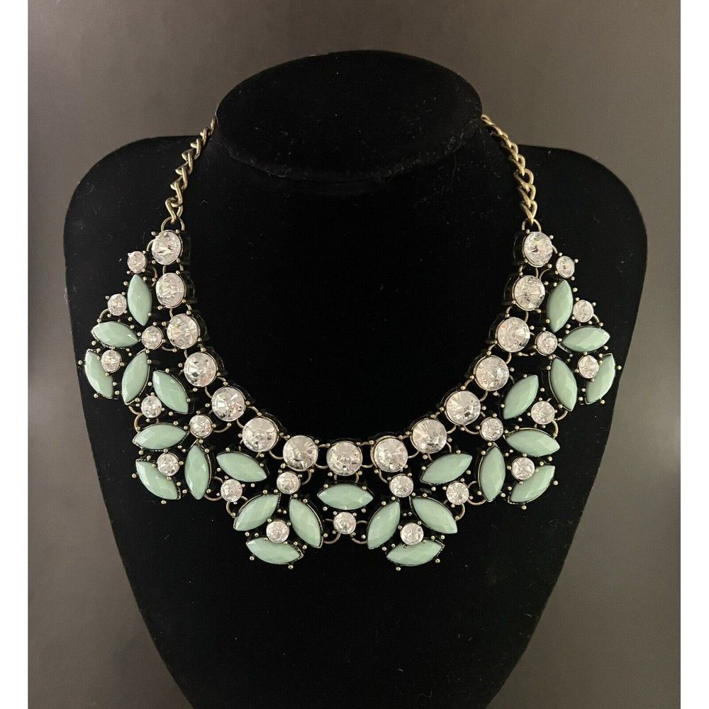 Gold Tone Green Rhinestone Statement Collar Bib Necklace Wedding Party Antiqued